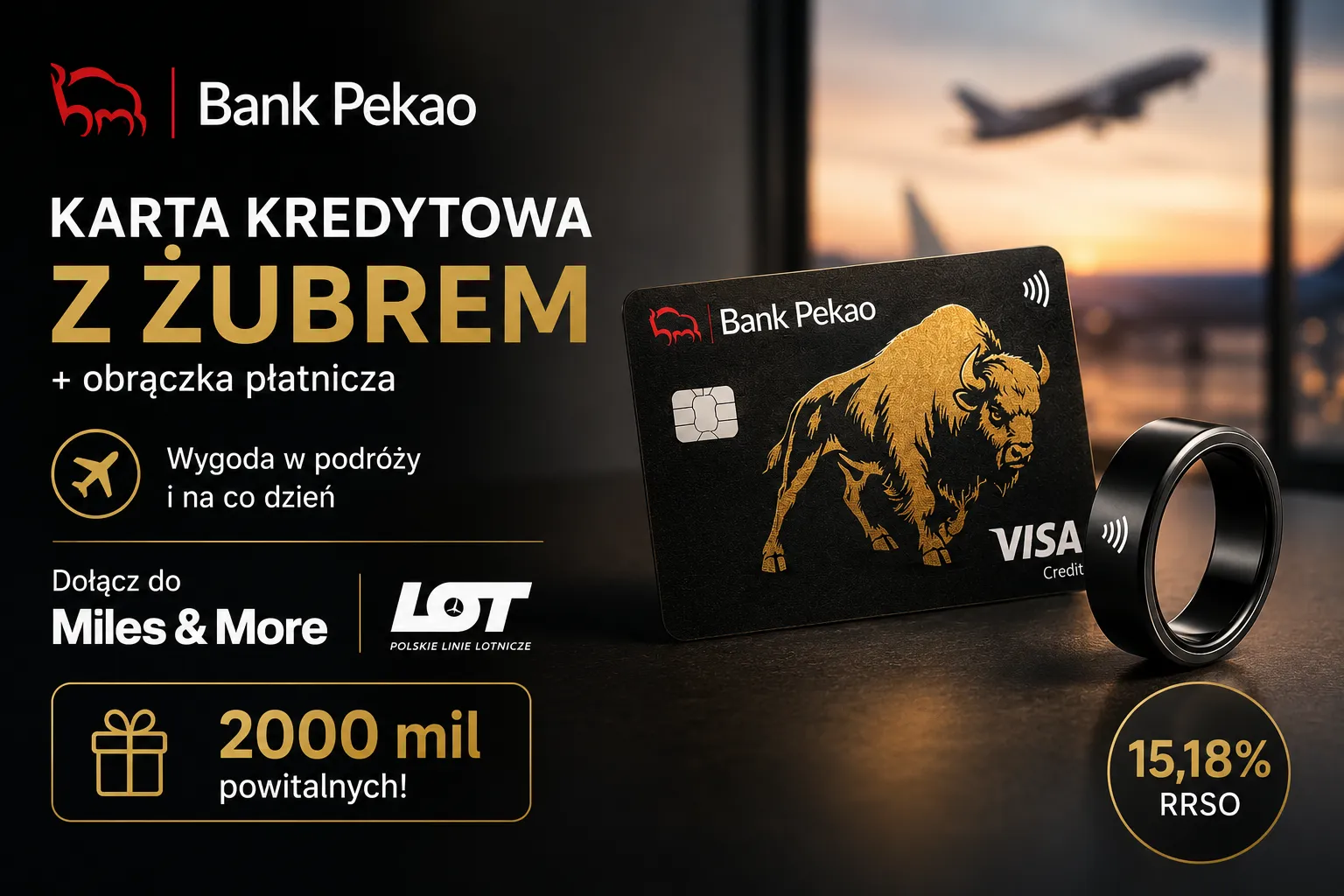 Karta Kredytowa z Żubrem od Banku Pekao S.A. – darmowa obrączka płatnicza, 2000 mil Miles & More i płatności zbliżeniowe.