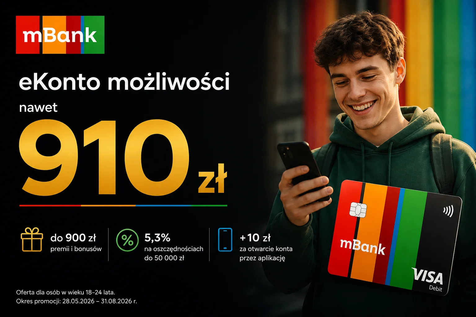 eKonto możliwości w mBanku dla młodych (18-24 lata) – do 910 zł premii i konto całkowicie za 0 zł.