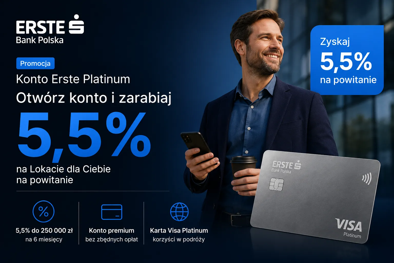Konto osobiste Erste Platinum – 5,5% na lokacie do 250 tys. zł, zwrot 300 zł z kantorem i darmowe wejścia do saloników lotniskowych z kartą Visa Platinum.