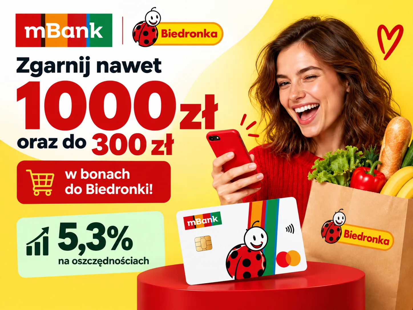 Darmowe eKonto do usług w mBanku z premią do 1300 zł za otwarcie konta przez selfie i aktywność, w tym 300 zł do Biedronki.